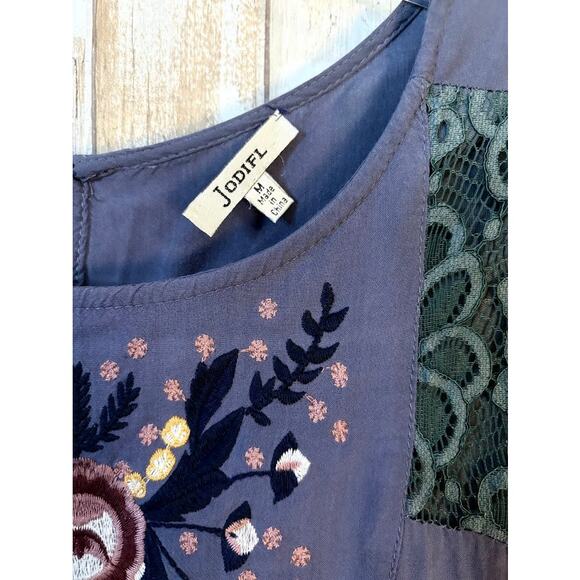 JODIFL Blue Embroidered Boho Mini Dress - Size Medium - Picture 7 of 8